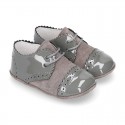 Combined leather little oxford shoes for babies with silk ties closure design.