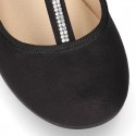 Autumn winter canvas T-strap Mary Jane shoes with STRASS crystals.