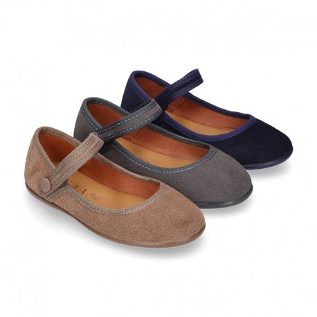 Halter Mary Jane shoes in suede leather with VELCRO and BUTTON fastening.