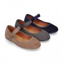 Halter Mary Jane shoes in suede leather with VELCRO and BUTTON fastening.