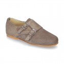 Laces up oxford shoes with DOUBLE BUCKLE fastening in suede leather for girls.