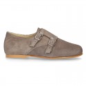 Laces up oxford shoes with DOUBLE BUCKLE fastening in suede leather for girls.