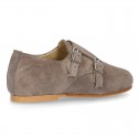Laces up oxford shoes with DOUBLE BUCKLE fastening in suede leather for girls.