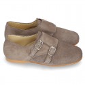 Laces up oxford shoes with DOUBLE BUCKLE fastening in suede leather for girls.