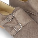 Laces up oxford shoes with DOUBLE BUCKLE fastening in suede leather for girls.