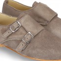 Laces up oxford shoes with DOUBLE BUCKLE fastening in suede leather for girls.