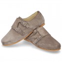 Laces up oxford shoes with DOUBLE BUCKLE fastening in suede leather for girls.