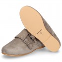 Laces up oxford shoes with DOUBLE BUCKLE fastening in suede leather for girls.