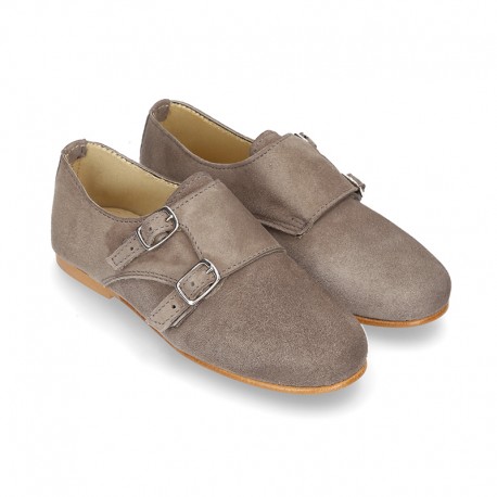 Laces up oxford shoes with DOUBLE BUCKLE fastening in suede leather for girls.