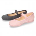 New Serratex canvas stylized girl Mary Jane shoes with buckle fastening.