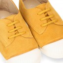 New kids MUSTARD suede leather Tennis type shoes with toe cap.