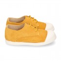 New kids MUSTARD suede leather Tennis type shoes with toe cap.