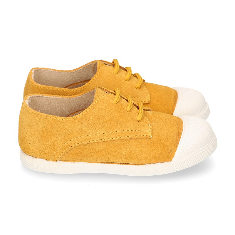 New kids MUSTARD suede leather Tennis type shoes with toe cap. V258 ...
