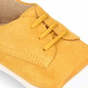 New kids MUSTARD suede leather Tennis type shoes with toe cap.