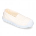 Cotton canvas kids Bamba type shoes with central elastic band and toe cap.