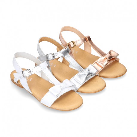 Cowhide Leather Sandal shoes with big BOW for toddler girls.