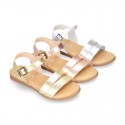 Metal finish leather sandal shoes with buckle fastening.