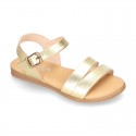 Metal finish leather sandal shoes with buckle fastening.