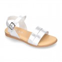 Metal finish leather sandal shoes with buckle fastening.