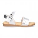 Metal finish leather sandal shoes with buckle fastening.