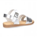 Metal finish leather sandal shoes with buckle fastening.