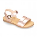 Metal finish leather sandal shoes with buckle fastening.