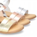 Metal finish leather sandal shoes with buckle fastening.