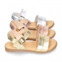 Metal finish leather sandal shoes with buckle fastening.