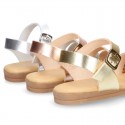 Metal finish leather sandal shoes with buckle fastening.