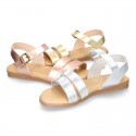 Metal finish leather sandal shoes with buckle fastening.