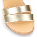 Metal finish leather sandal shoes with buckle fastening.