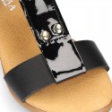 Combined leather sandals with patent and metal details finish.