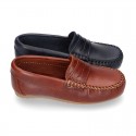 Classic Tanned leather Moccasin shoes with detail mask.