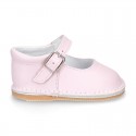 Baby Nappa leather Mary Jane shoes with buckle fastening and flexible soles .