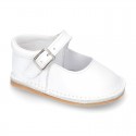 Baby Nappa leather Mary Jane shoes with buckle fastening and flexible soles .