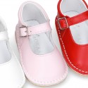 Baby Nappa leather Mary Jane shoes with buckle fastening and flexible soles .