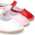 Baby Nappa leather Mary Jane shoes with buckle fastening and flexible soles .