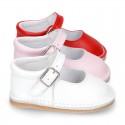 Baby Nappa leather Mary Jane shoes with buckle fastening and flexible soles .