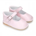 Baby Nappa leather Mary Jane shoes with buckle fastening and flexible soles .