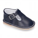 Baby Nappa leather T-bar shoes with buckle fastening and flexible soles .