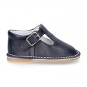 Baby Nappa leather T-bar shoes with buckle fastening and flexible soles .