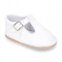 Baby Nappa leather T-bar shoes with buckle fastening and flexible soles .