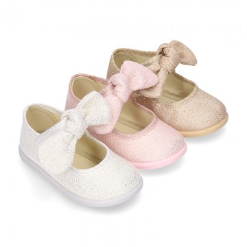 METAL canvas Little Mary Janes with hook and loop strap closure and bow for girls.