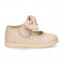 METAL canvas Little Mary Janes with hook and loop strap closure and bow for girls.