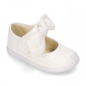 METAL canvas Little Mary Janes with hook and loop strap closure and bow for girls.