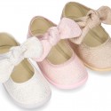 METAL canvas Little Mary Janes with hook and loop strap closure and bow for girls.