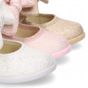 METAL canvas Little Mary Janes with hook and loop strap closure and bow for girls.