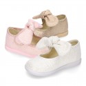 METAL canvas Little Mary Janes with hook and loop strap closure and bow for girls.