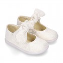 METAL canvas Little Mary Janes with hook and loop strap closure and bow for girls.