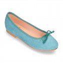 Soft Suede leather ballet flats with adjustable ribbon.